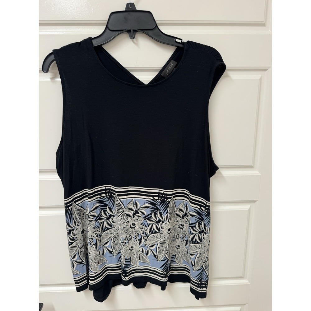 J Jill Wearever Sleeveless Stretch Tunic Top Black Floral Border Large Petite